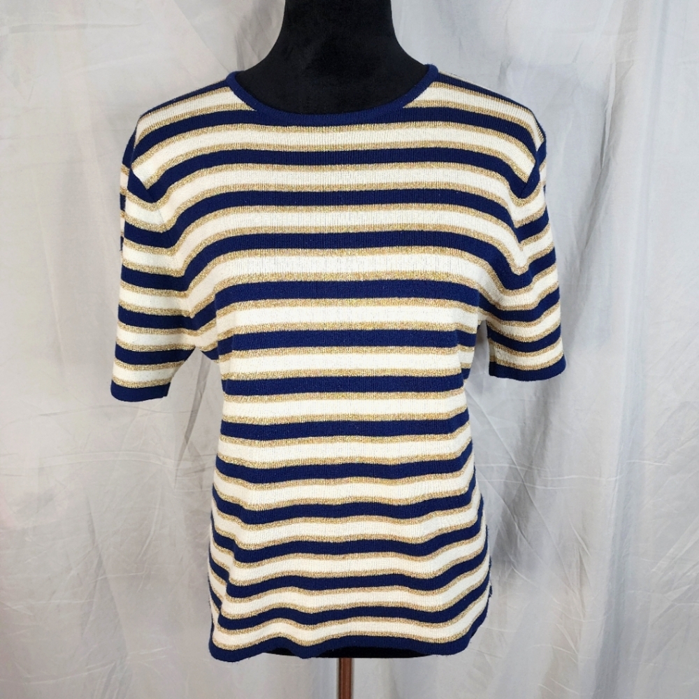 Vtg PATCHINGTON Size Medium Gold & Navy‎ Striped Short Sleeve Crew Neck Sweater